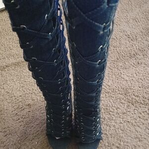 Denim stappy boots size 9W Turn heads. Denim and vegan  leather, wide calf.